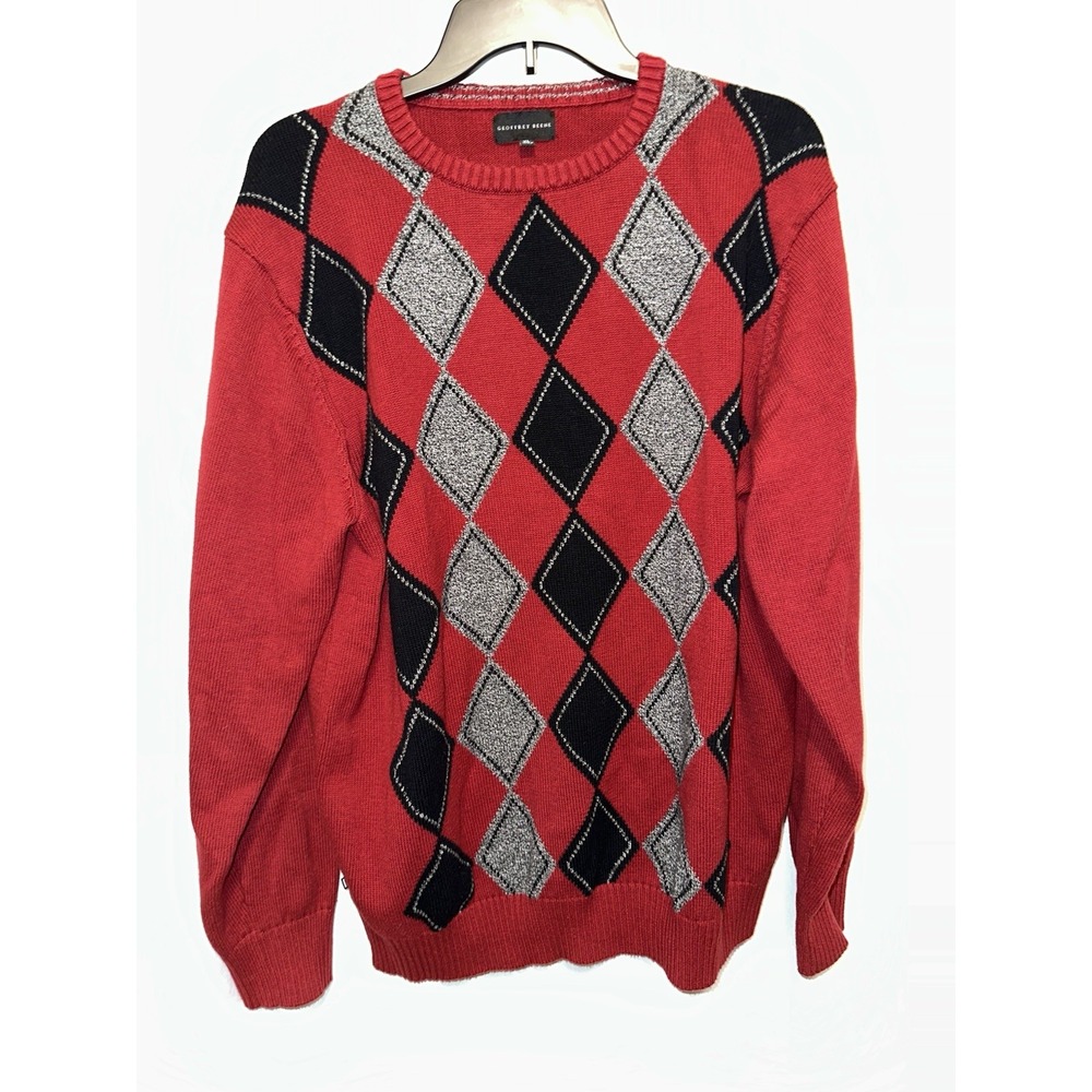 Vintage Geoffrey Beene Sweater Men's XL Long Sleeve Diamond Crew Pullover Red